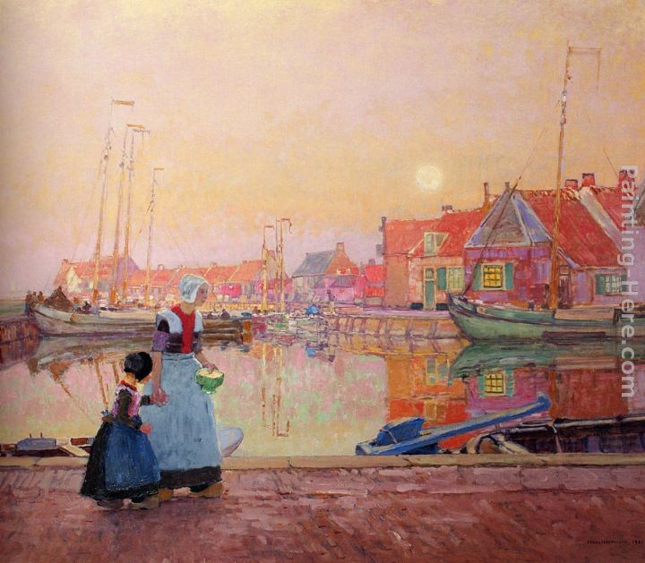 Hans Herrmann A Dutch Fishing-Village At Dusk With Figures On A Quay